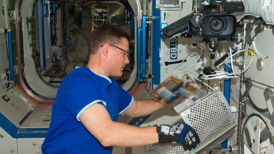 @Astro_Wheels works on science freezer in Space Station Destiny lab. Credit: NASA